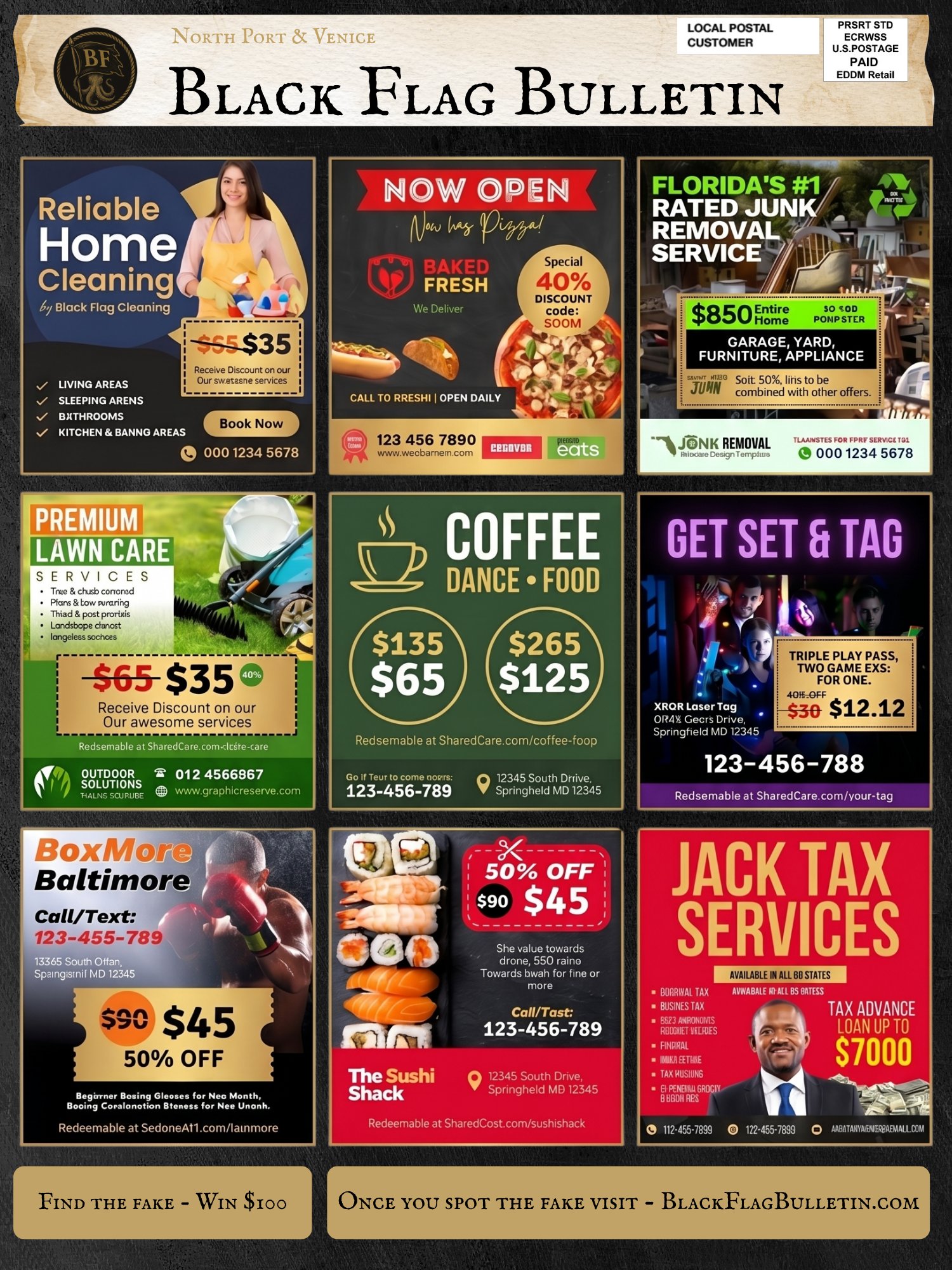 Front of the Black Flag Bulletin card: masthead, postal indicia, and a grid of nine local business ads